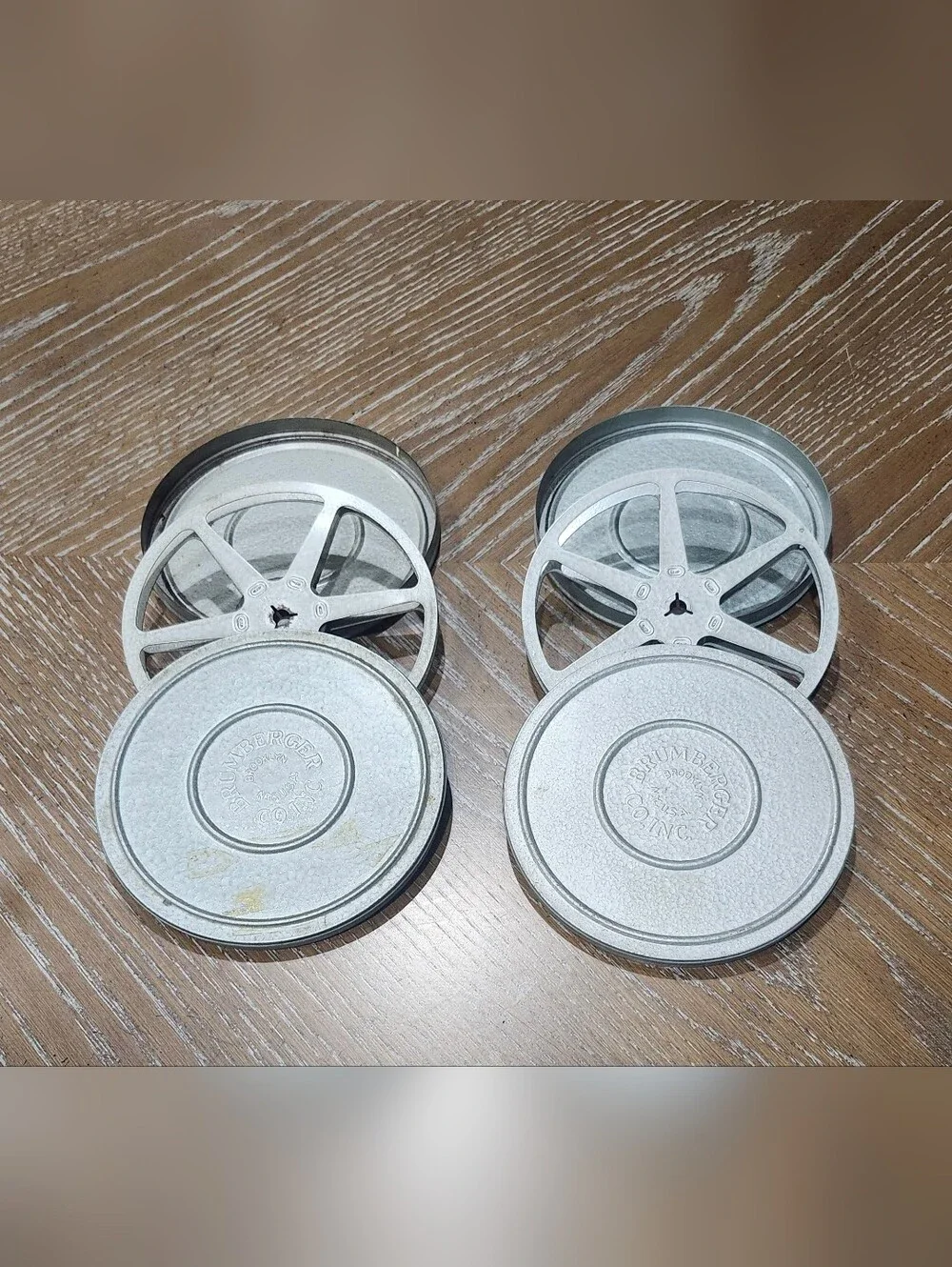 Two Vintage Metal BRUMBURGER 8mm Film Canisters and Take Up Reels 6